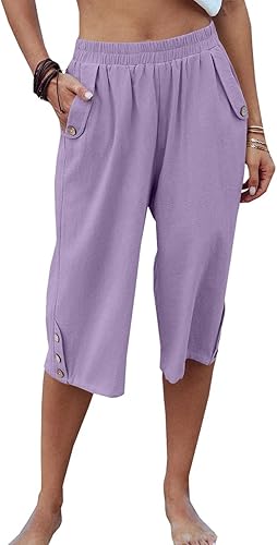Veatzaer Women's Elastic Waist 3/4 Capri Harem Pants with Pockets Casual Loose Solid Yoga Trousers S-XXL