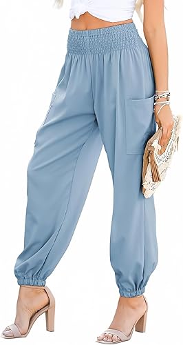 Dokotoo Womens Summer Boho Business Casual Smocked 2026 High Waisted Cargo Summer Long Elephant Pants with Pockets